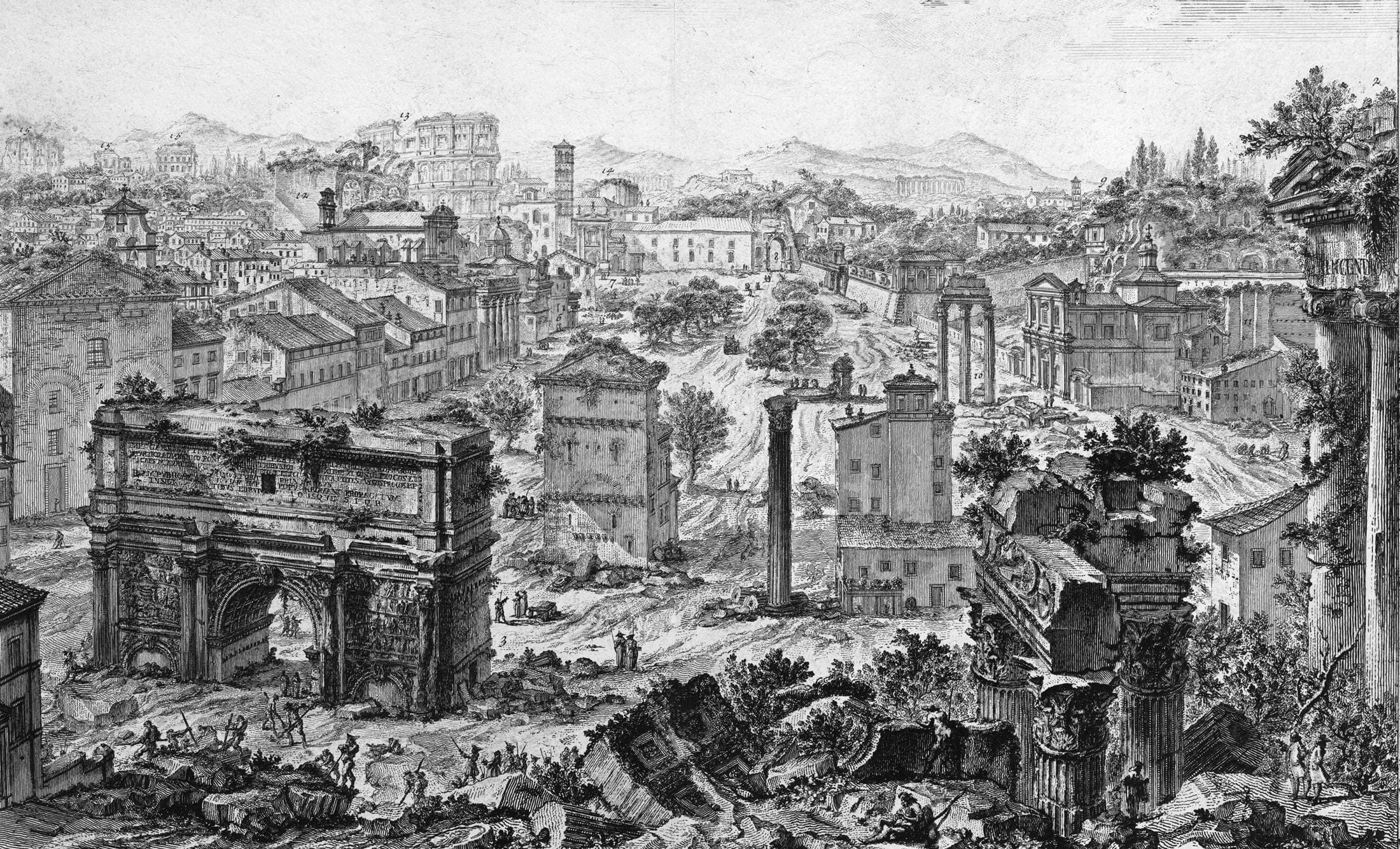 Black and white etching of the Roman Forum: the Arch of Septimius Severus, a lone column and broken temple stones, with the city and hills behind.