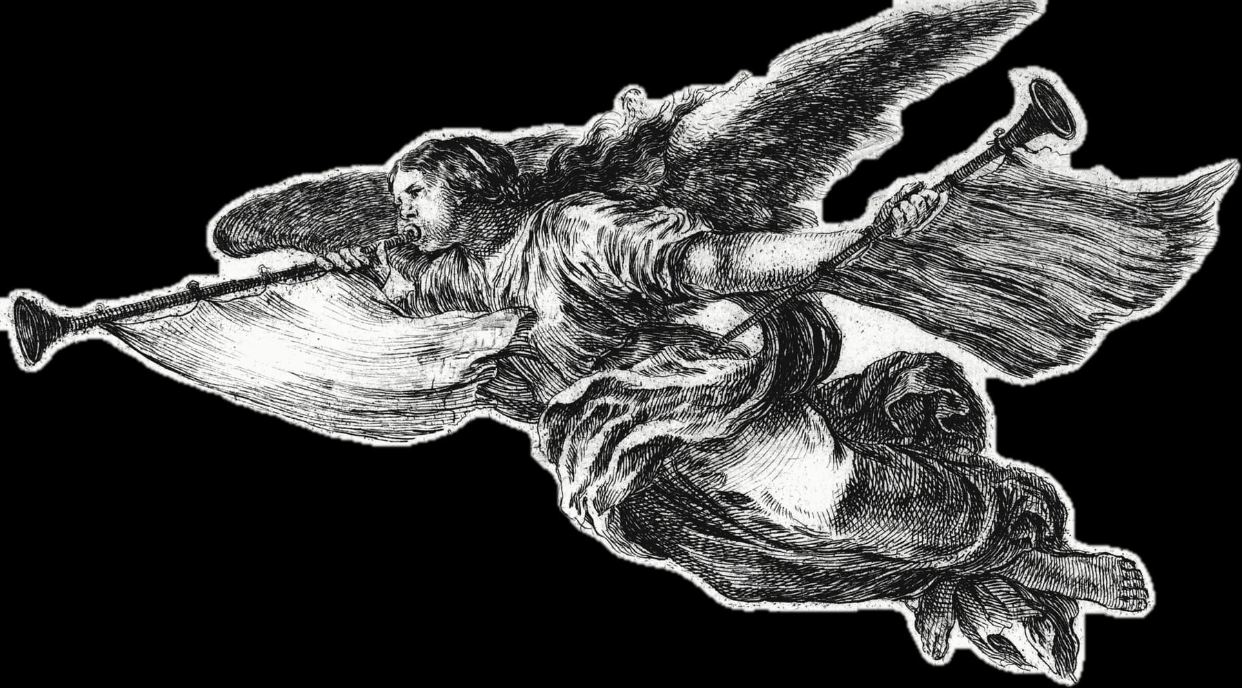 Engraving of Fame flying, blowing one trumpet and holding another.