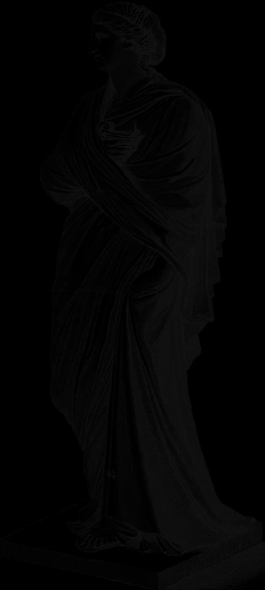 Engraving of a statue of a Roman vestal on her plinth, turned towards the photo.