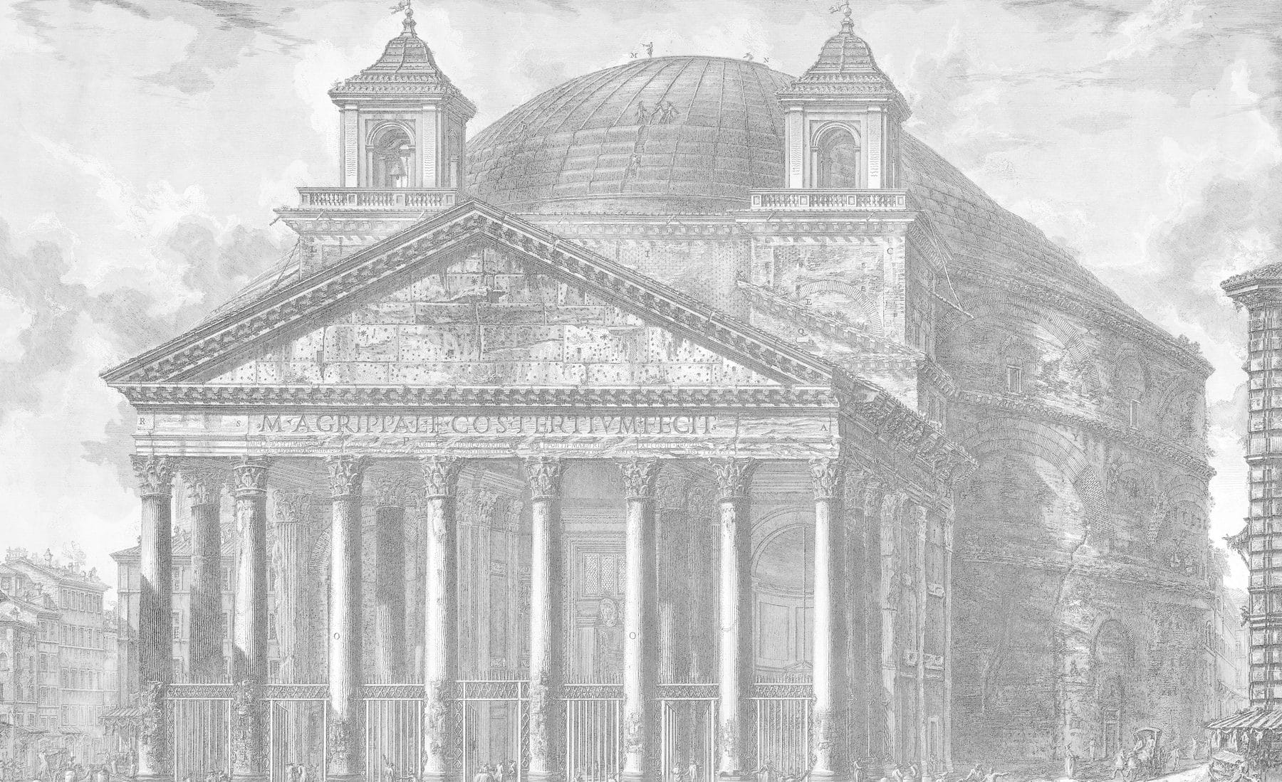 Etching of the Pantheon in Rome: a columned porch under a great dome.